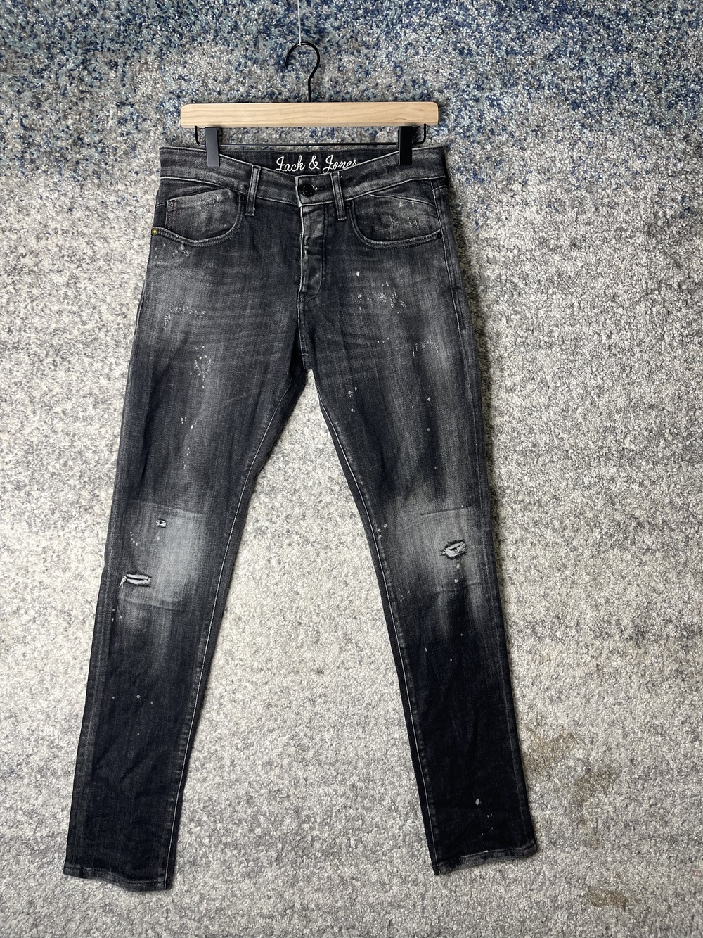 Jack & Jones Jeans Mens 30x32 Black Distressed Slim Fit Blue Journey Italy Denim